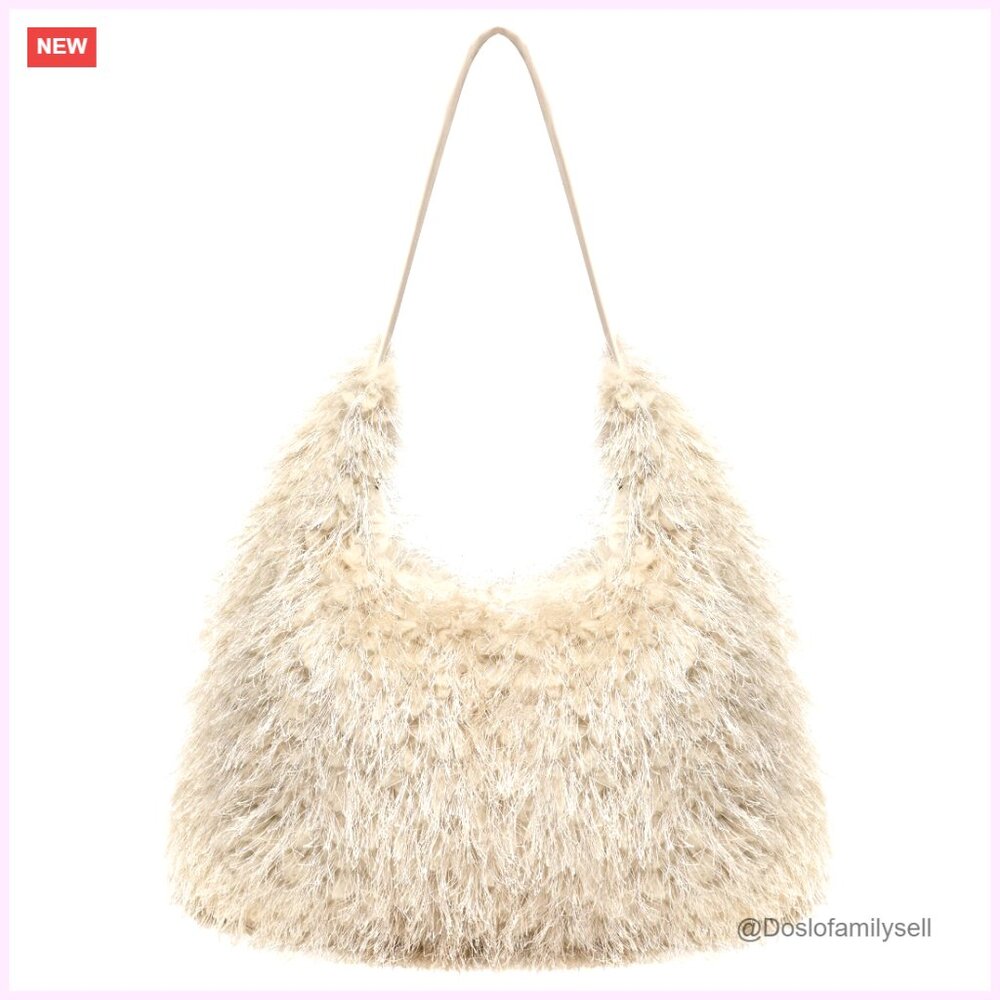 Large Faux Fur Hobo Shoulder Bag Crossbody Purse With Long Chain Strap